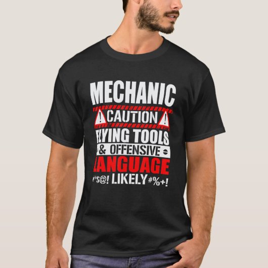 警告 飛来工具 失礼な言葉 メカニック Tシャツ (正面)