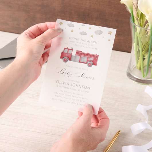 警報を鳴らす消防士ベビーシャワー ベラム紙招待状 (ポータブル)