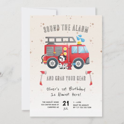 警報を鳴らす消防車の最初の誕生日 招待状 (正面)