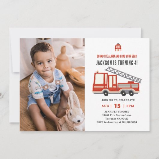 警報を鳴らす消防車の誕生日パーティーの写真 招待状 (正面)