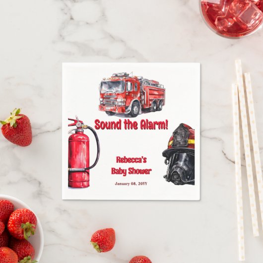 警報を鳴らす赤い消防車の男の子の赤いシャワー スタンダードカクテルナプキン (インサイチュ)