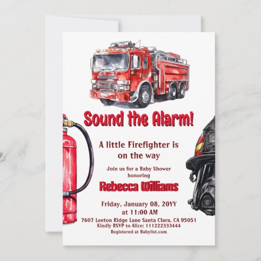 警報を鳴らす赤い消防車の男の子の赤いシャワー 招待状 (正面)