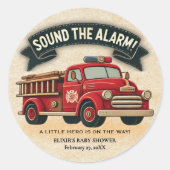 警報を鳴らす!ヴィンテージ消防車の赤ちゃんシャワー ラウンドシール (正面)