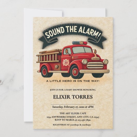 警報を鳴らす!ヴィンテージ消防車の赤ちゃんシャワー 招待状 (正面)