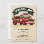 警報を鳴らす!ヴィンテージ消防車の赤ちゃんシャワー 招待状 (正面)