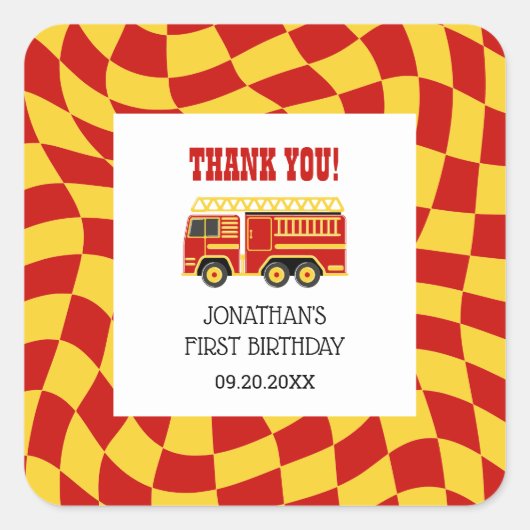警報トラックの市松模様に誕生日を鳴らす スクエアシール (正面)