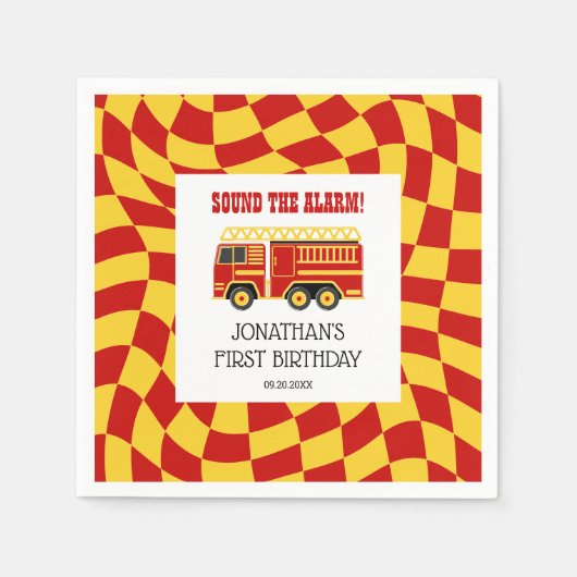 警報トラックの市松模様に誕生日を鳴らす スタンダードカクテルナプキン (正面)