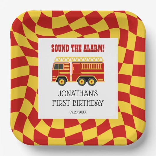 警報トラックの市松模様に誕生日を鳴らす ペーパープレート (正面)