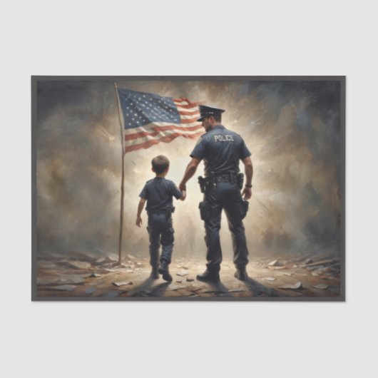 警官とアメリカ国旗を持つ少年 – 愛国主義 薄葉紙 (正面)
