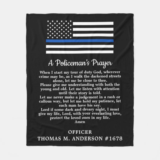 警官の祈りの言葉モダン薄い青い線旗 フリースブランケット (正面)