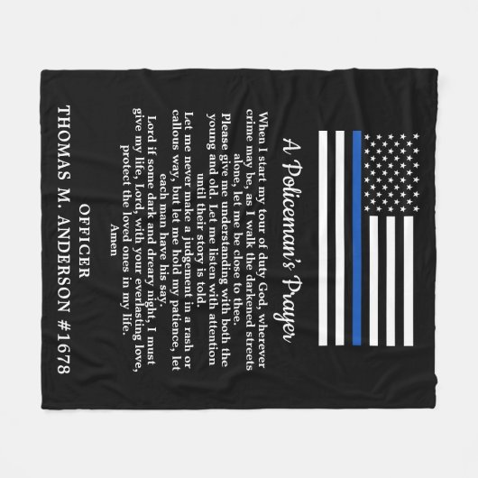 警官の祈りの言葉モダン薄い青い線旗 フリースブランケット (正面(横))