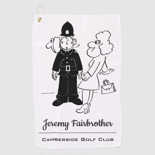 警官は時計の顔漫画を持っている ゴルフタオル (正面)