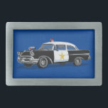 警官ヴィンテージ警察車ブルー 長方形ベルトバックル<br><div class="desc">このベルトバックルは警察ユニークや警察への贈り物である。デザインは青い背景にヴィンテージパトカーを備えている。世界的に有名なアーティスト©Tim Coffeyによって設計。</div>