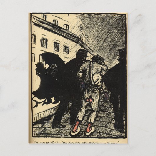 警官2人がぼろを着た浮浪者を連れ去る ポストカード (正面)