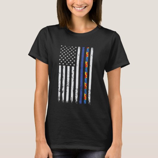 警察が自閉症意識の薄いブルーラインオートをサポート Tシャツ (正面)