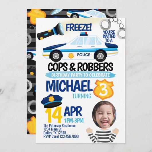 警察と強盗の誕生日パーティーの招待招待状 招待状 (正面/裏面)