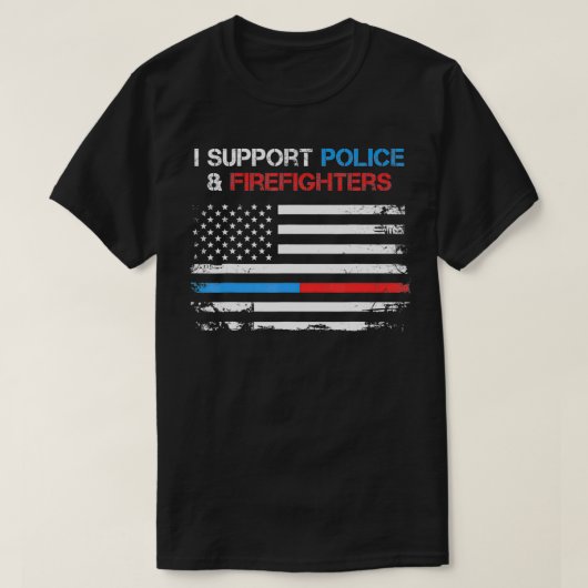 警察と消防士を応援しています 青と赤 アメリカ USA Tシャツ (デザイン正面)