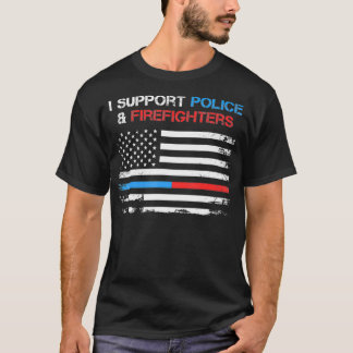 警察と消防士を応援しています 青と赤 アメリカ USA Tシャツ