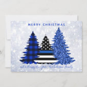 警察のクリスマスツリー 薄い青いラインのプレイドグリッター ツリー シーズンカード (正面)