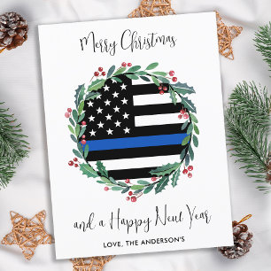 警察のクリスマスリース薄いブルーライン国旗 シーズンポストカード