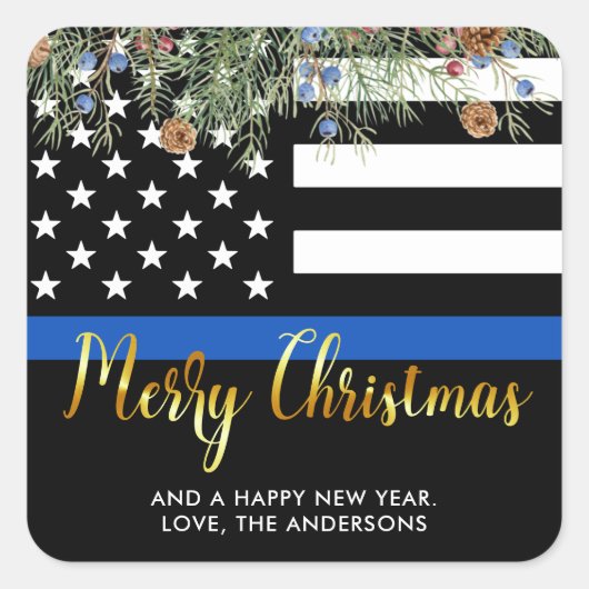 警察のクリスマス法執行細いブルーライン スクエアシール (正面)