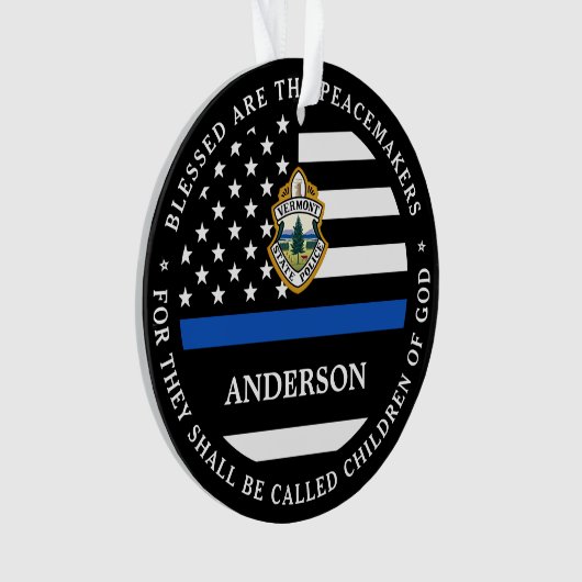 警察のパーソナライズされたクリスマスロゴ薄い青い線 オーナメント (正面)