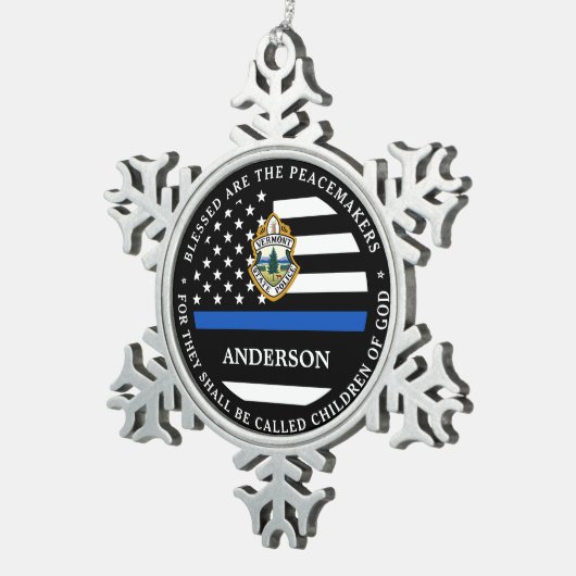 警察のパーソナライズされたクリスマスロゴ薄い青い線 スノーフレークピューターオーナメント (右)