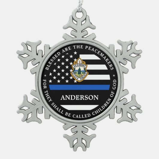 警察のパーソナライズされたクリスマスロゴ薄い青い線 スノーフレークピューターオーナメント (正面)