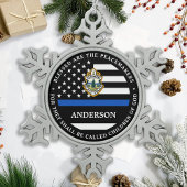 警察のパーソナライズされたクリスマスロゴ薄い青い線 スノーフレークピューターオーナメント