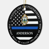 警察のパーソナライズされたクリスマスロゴ薄い青い線 セラミックオーナメント (左)