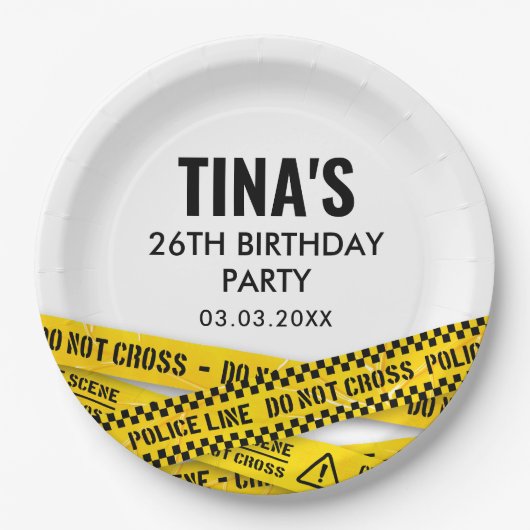警察のパーティーと黄色の犯罪現場のテープ ペーパープレート (正面)