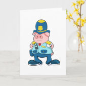 警察のユニフォームと帽子を着た豚 カード (黄色い花)