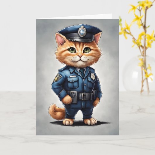 警察のユニフォームを着たかわいいオレンジ色のタビー猫の水彩画 カード (黄色い花)