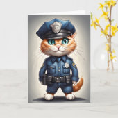 警察のユニフォームを着たかわいいオレンジ色の猫の水彩画 カード (黄色い花)
