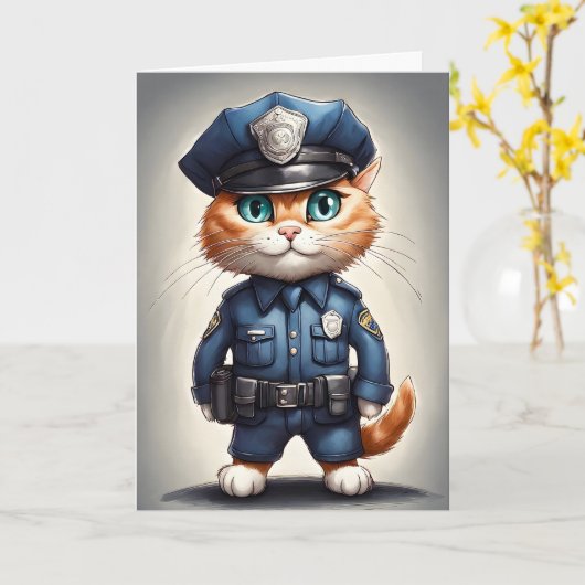 警察のユニフォームを着たかわいいオレンジ色の猫の水彩画 カード (黄色い花)