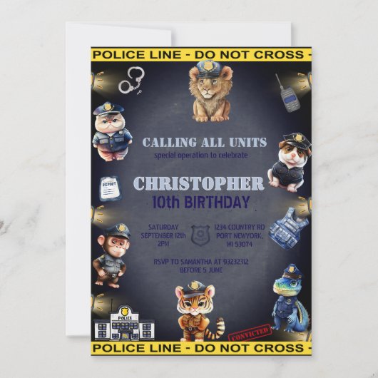 警察の制服の動物の誕生日 招待状 (正面)