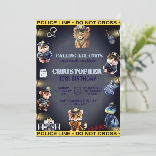 警察の制服の動物の誕生日 招待状 (スタンド正面)
