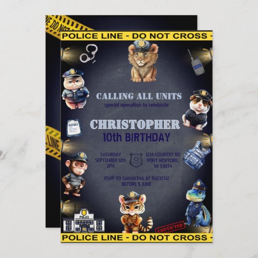 警察の制服の動物の誕生日 招待状 (正面/裏面)