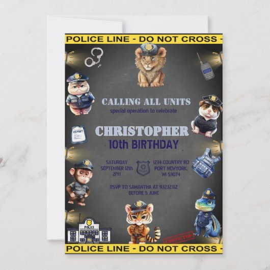警察の制服の動物の誕生日 招待状 (正面)