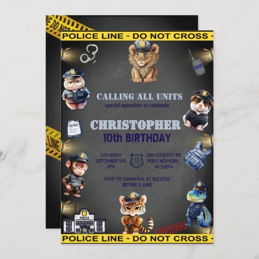 警察の制服の動物の誕生日 招待状 (正面/裏面)