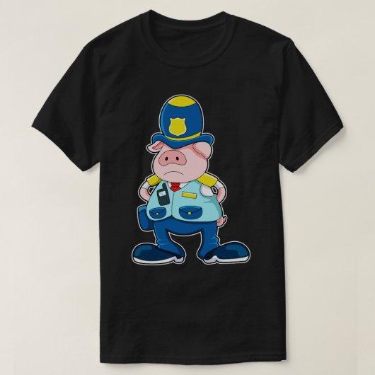 警察の制服の帽子を持つ警察官としての豚 Tシャツ (デザイン正面)