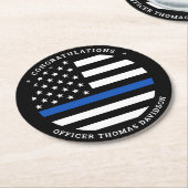 警察の卒業パーテモダンィー青い細線旗 ラウンドペーパーコースター (アングル)