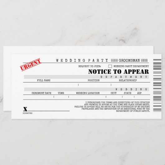警察の引用groomsman花婿介添人おもしろい提案 招待状 (正面/裏面)