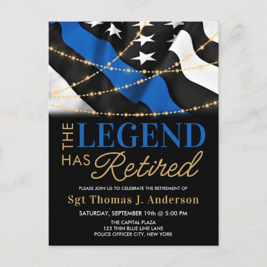 警察の引退シンブルーラインアメリカ国旗 インビテーションポストカード (正面)