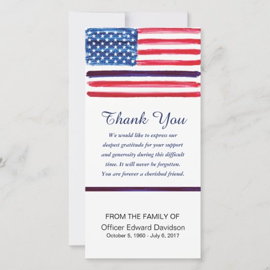 警察の悔やみや弔慰は旗の薄いブルーライン感謝していしています サンキューカード (正面)