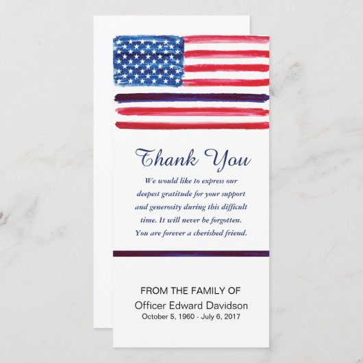 警察の悔やみや弔慰は旗の薄いブルーライン感謝していしています サンキューカード (正面/裏面)