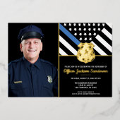 警察の細いブルーラインの写真の退職 箔招待状 (正面)