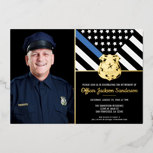 警察の細いブルーラインの写真の退職 箔招待状 (正面)