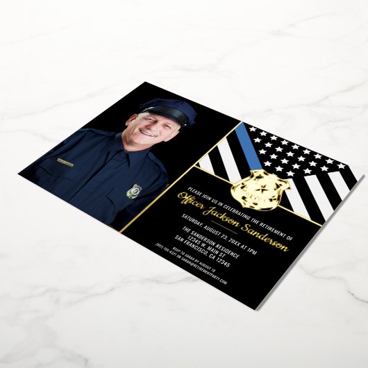 警察の細いブルーラインの写真の退職 箔招待状 (回転した状態)