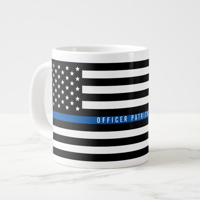 警察の細いブルーラインアメリカ国旗モノグラムの ジャンボコーヒーマグカップ (正面左)